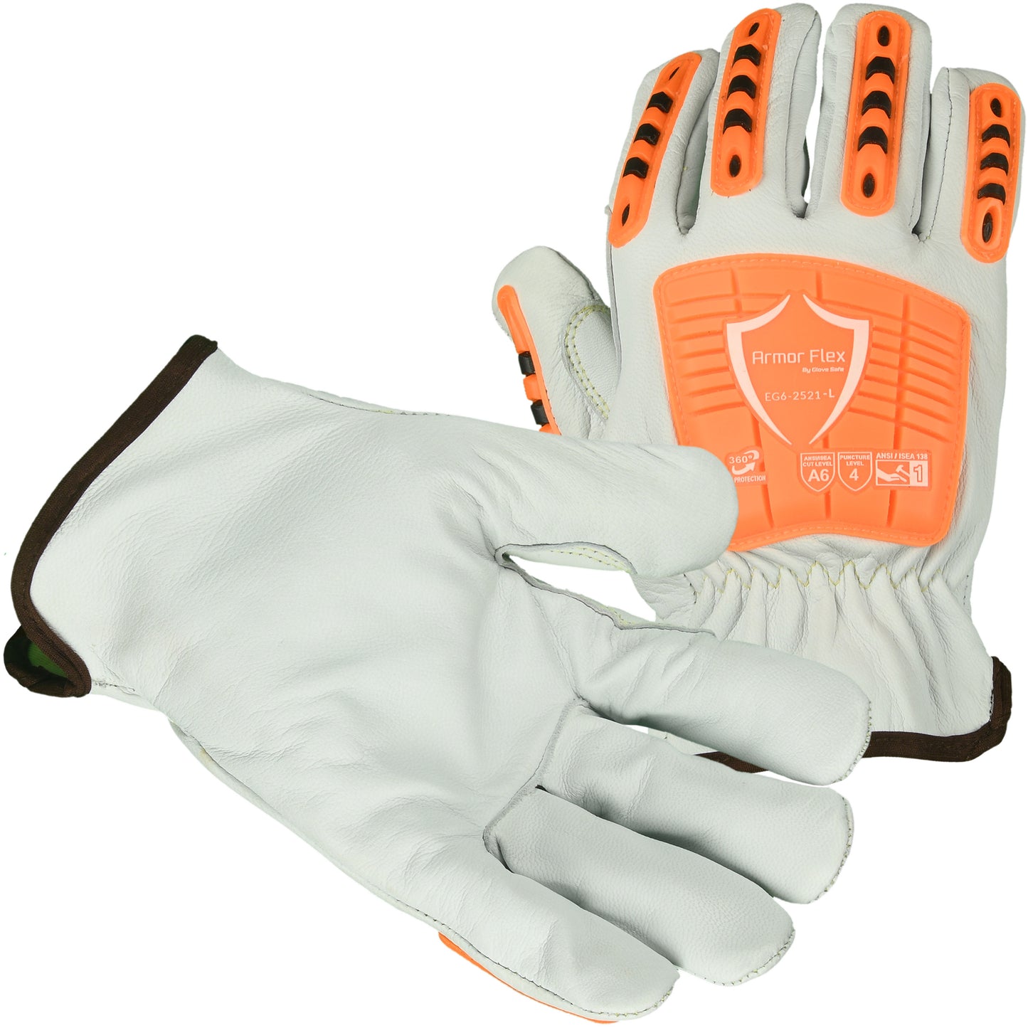 Leather Impact Glove, Cut 6 Protection with Hi-Viz Orange TPR, EG6-2521