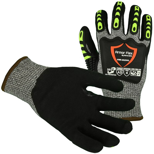 Winter Lined HPPE Impact Level 2 Glove, Cut A5, Black Sandy Nitrile Palm, Velcro Closure, S-2XL