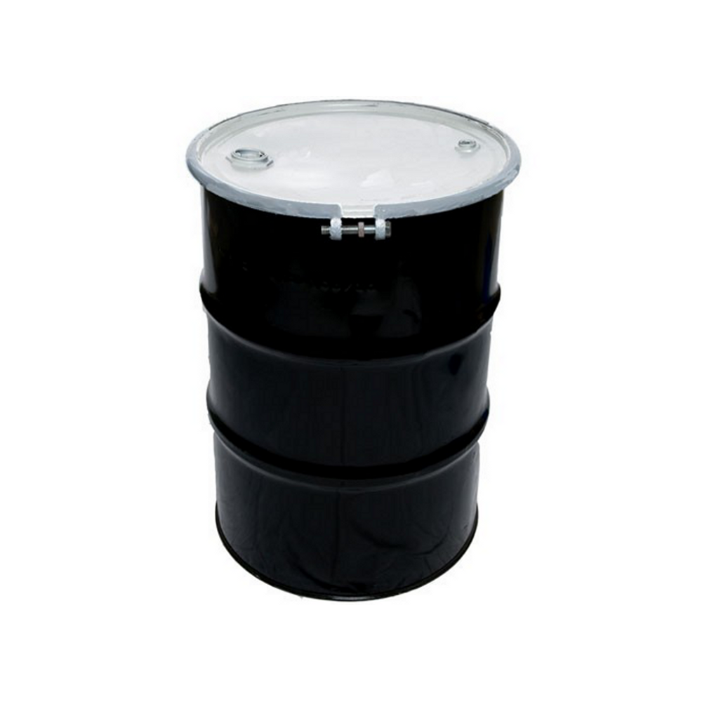 55 Gallon Steel Drum, Black, Reconditioned, Open Head, Bolt Ring w/ Fittings