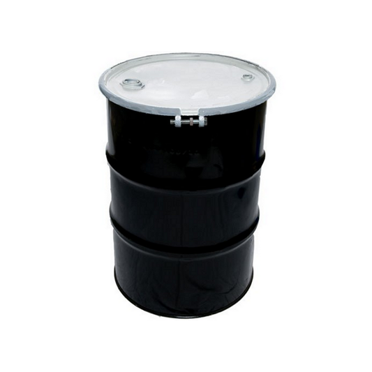 55 Gallon Steel Drum, Black, Reconditioned, Open Head, Bolt Ring w/ Fittings