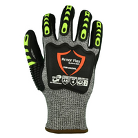 A single knit work glove shown flat against a white background. The glove features a gray heathered knit body, black palms and fingers, and bright neon green accents on the fingertips and back of the hand.