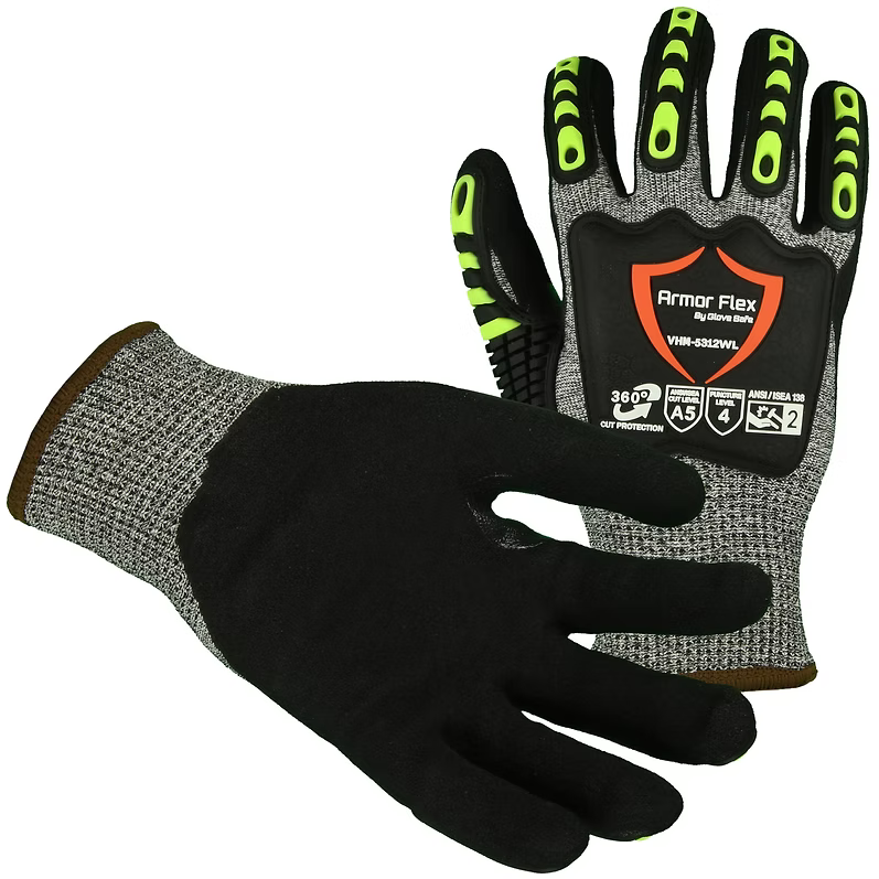 Winter Lined HPPE Impact Level 2 Glove, Cut A5, Black Sandy Nitrile Palm, Velcro Closure, S-2XL
